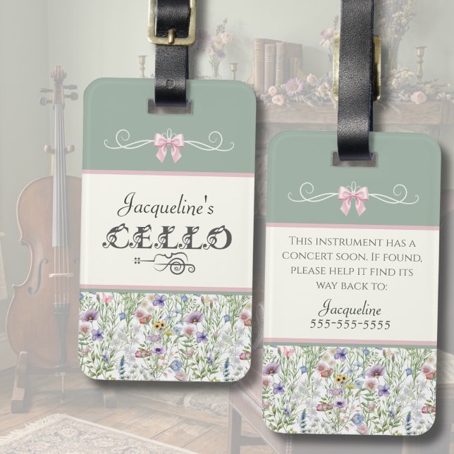 À Bagage Étiquette de l'étui de l'instrument d'étudiant vio (Custom Cello Case Tag | Whimsical Wildflower Aesthetic | Botanical Gift for Cello Students)