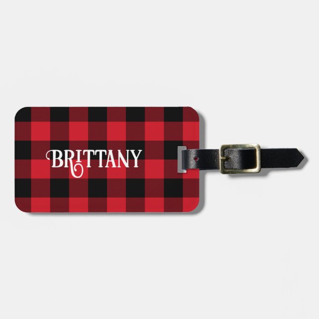 À Bagage Étiquette Red Buffalo Plaid Christmas Stocker Nom (Devant horizontal)
