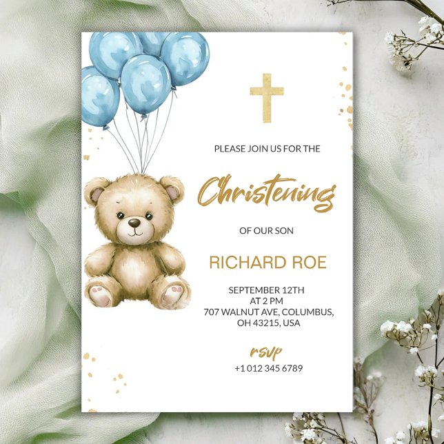 A christening Invitation features a teddy bear (Créateur téléchargé)
