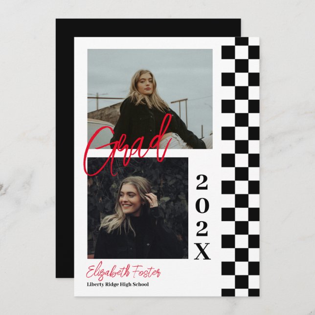 à damiers b&w avec graduation rouge Invitation (Devant / Derrière)