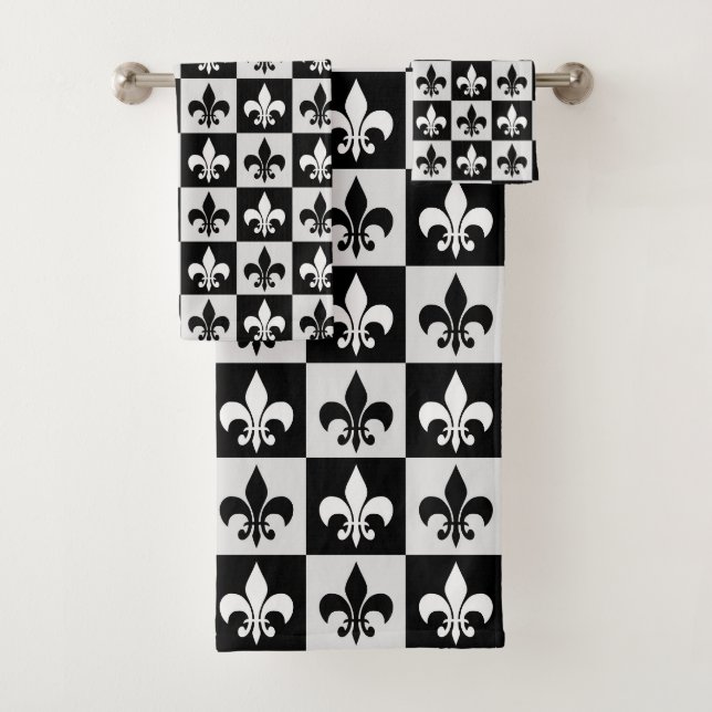 à damiers Blanc Noir Fleur-De-Lis Motif (En situation)