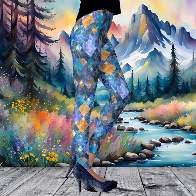 à damiers Leggings de Motif géométrique en mosaïqu (Leggings featuring a modern patterned mosaic design in blue purple with some other colors)
