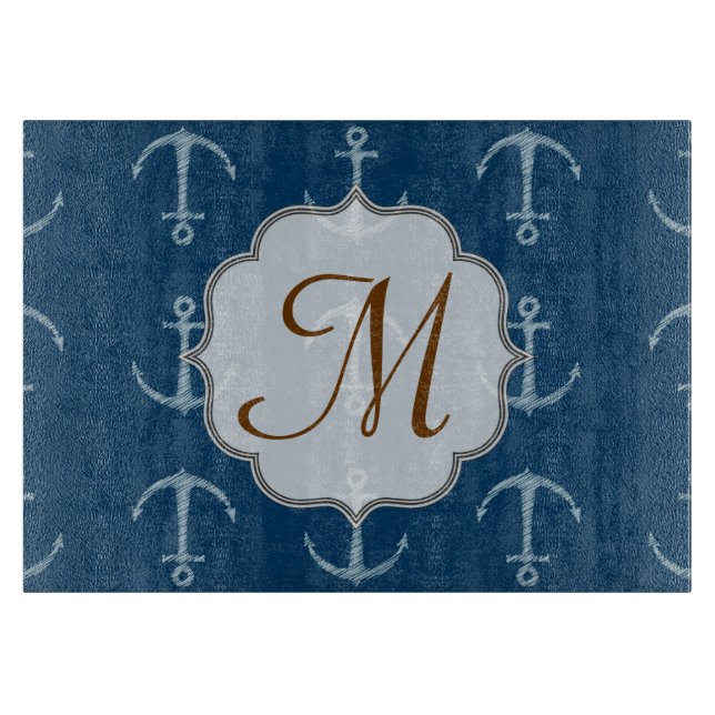 À Découper Ancre nautique Monogramme Planche de coupe en verr (Devant)