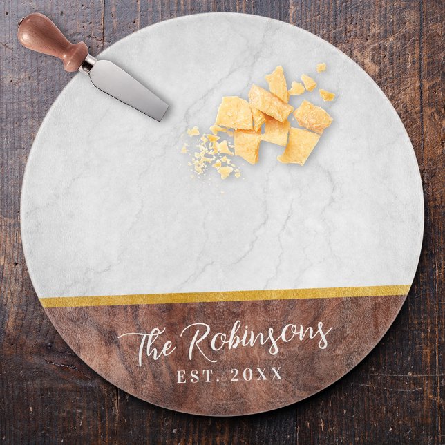 À Découper Planche en Verre Rond Personnalisée avec Nom de Fa (Personalized Last Name Est Date Round Glass Cutting Board Custom Housewarming Gift Charcuterie Board)