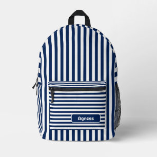 À Dos Imprimé Sac Indigo et Blanc avec des Bandes Vintage et Nom