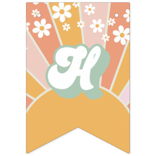 À Fanions Bannière d'anniversaire florale boho rétro soleil 