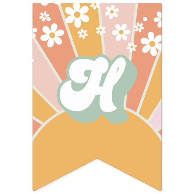 À Fanions Bannière d'anniversaire florale boho rétro soleil  (Deuxième drapeau)