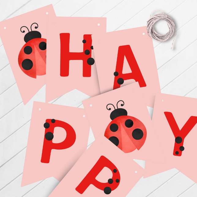 À Fanions Bannière de bunting Joyeux Anniversaire Ladybug Ro (Ladybug Happy Birthday Hanging Banner in Red, Black, White and Salmon Pink)
