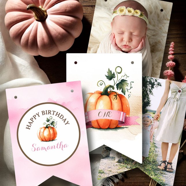 À Fanions Bannière de Bunting personnalisé Modèle Automne An (Bunting flag fall little pumpkin birthday with photos pink girl )
