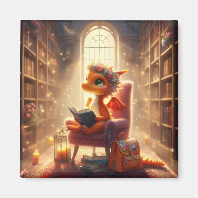 À la bibliothèque - Orange Dragon Magnet (Devant)