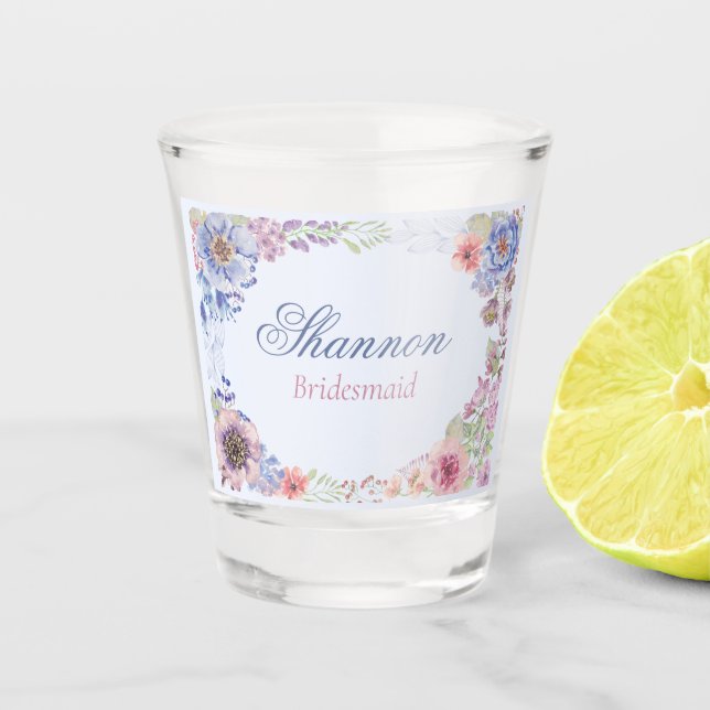 A Shot Bleu rose et mauve Floral Bridesmaid Verre (Devant)