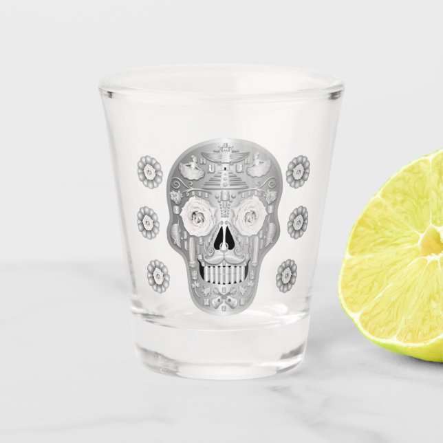 A Shot Chrome Calavera (Rose Blanche) Verre Tiré (Devant)