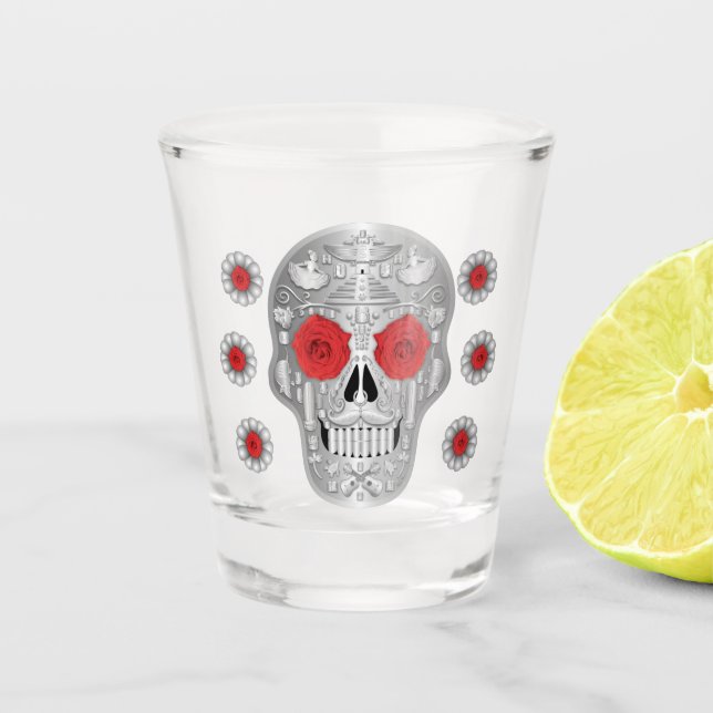 A Shot Chrome Calavera (Rose rouge) Verre Tiré (Devant)