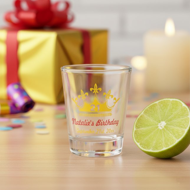 A Shot Coutume 21e Anniversaire Verre Tiré Avec Couronne  (Personalized 21st birthday shot glass! Custom name and date.)