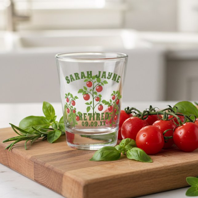 A Shot Plante de tomates à la retraite - Verre de tir per (A tomato themed shot glass perfect gift for gardeners. Add your text!)