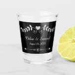 A Shot Verre de Chalkboard<br><div class="desc">This vintage looking wedding celebration shot glass has a pretty silver heart and leaf scroll design at the top,  with your custom text in two fields below it. At the bottom is another decorative design with two opposing arrows.</div>