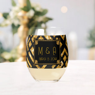 À Vin Sans Pied Verre Mariage Art Déco noir et or