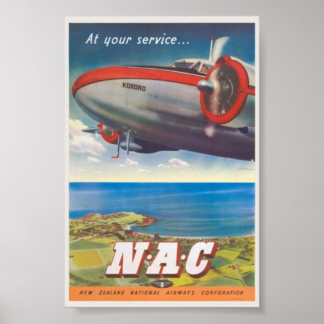 À votre service NAC Poster vintage Nouvelle-Zéland (Devant)