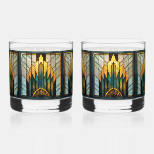 À Whisky Art Déco Verre Cathédrale en Or Vert Noir