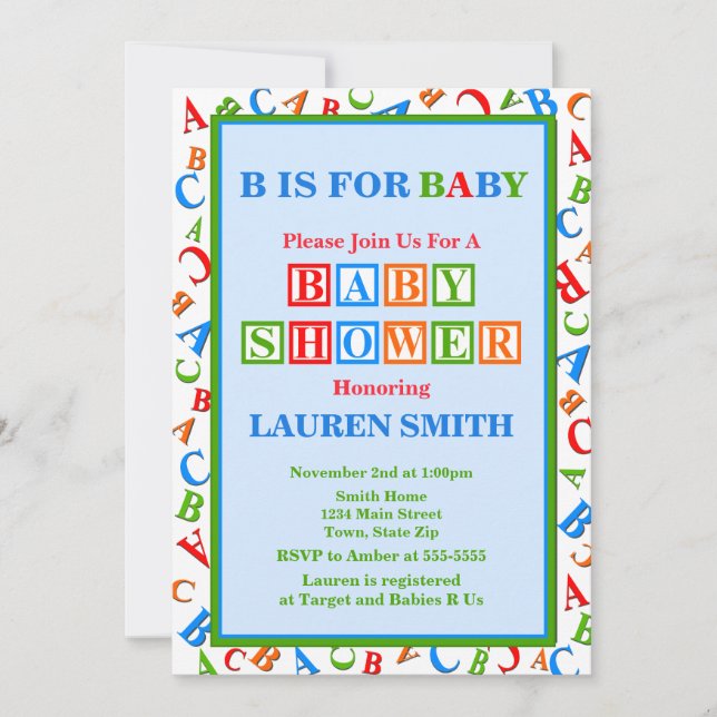 ABC Baby shower Invitation Baby shower neutre (Devant)