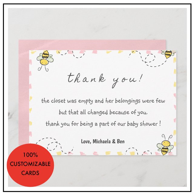 Abee merci cartes, Baby shower maman d'être (Bee thank you cards,Baby Shower Cute Pink)