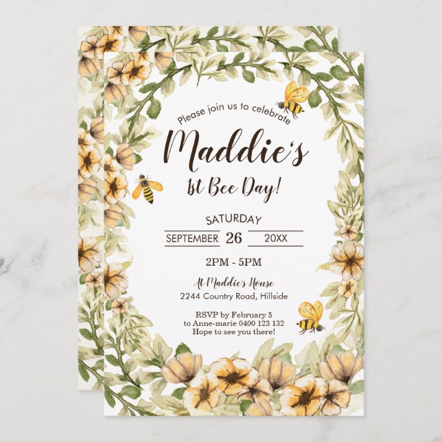 Abeille 1er Anniversaire Invitation 1er Jour de l' (Devant / Derrière)