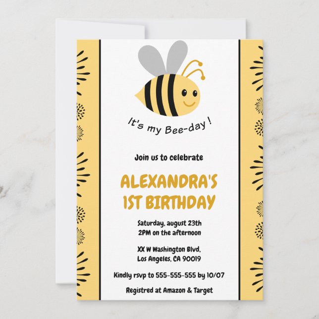 Abeille 1er anniversaire invitations Mignonne Mode (Devant)