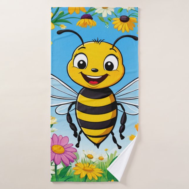 Abeille de dessin animé fleurs colorées  (Serviette de bain)