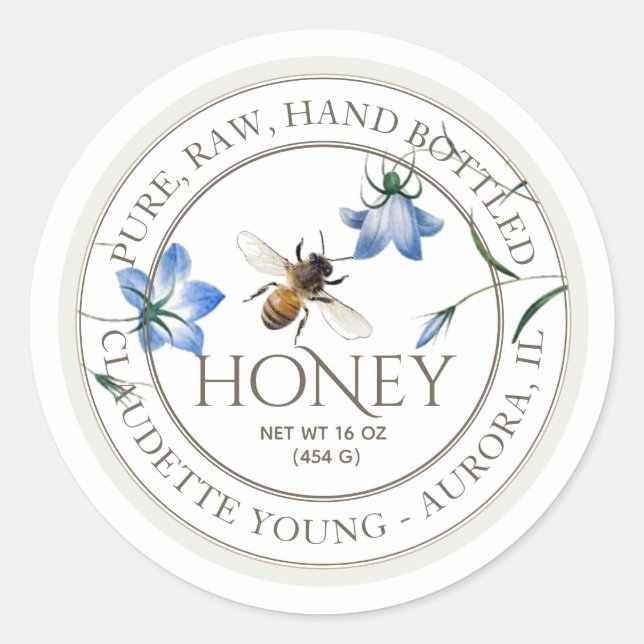 Abeille de miel et fleurs bleues Miel Étiquette bl (Devant)