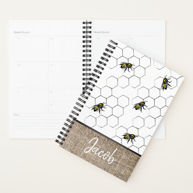 Abeille et nid d'abeille Faux Burlap | Monogramme (Devant avec enveloppe)