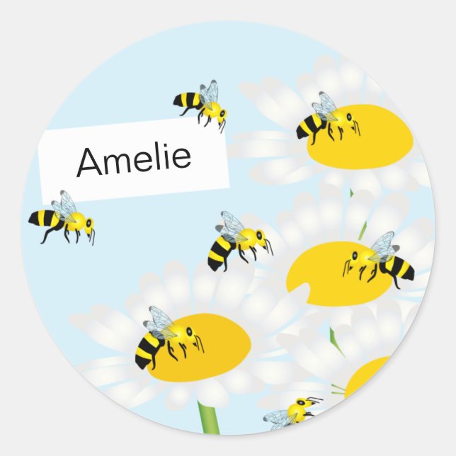 Abeille sur Sticker rond Fleur - Arrière - plan bl (Devant)