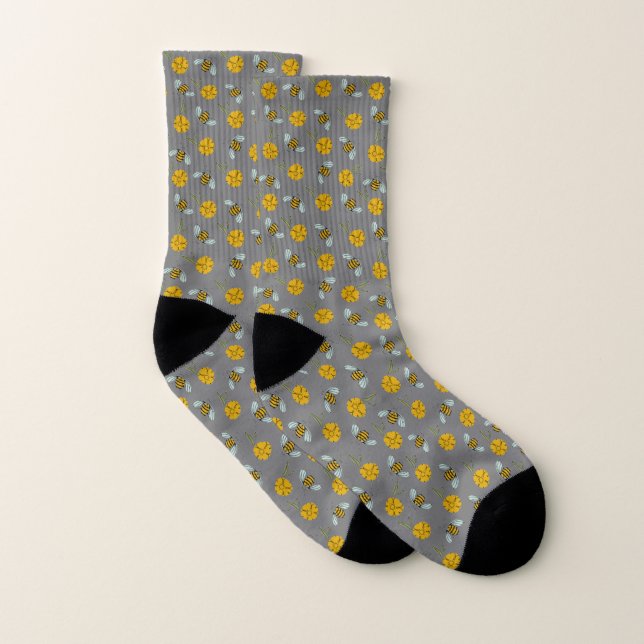 Abeilles et Boutons d'Or sur Gris  (Paire)