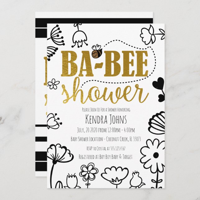 Abeilles et fleurs, Baby shower moderne Invitation (Devant / Derrière)
