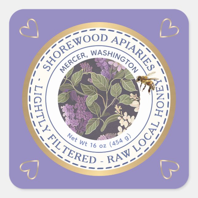 Abeilles et fleurs Étiquette miel avec coeur d'or (Devant)