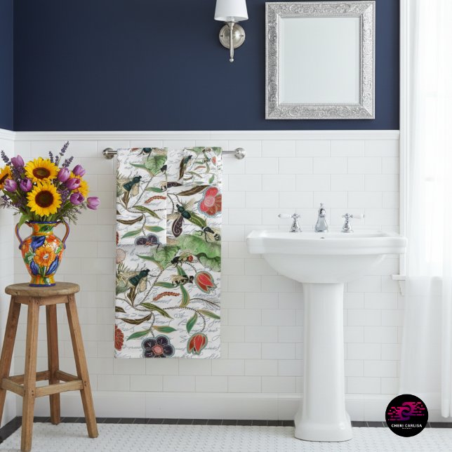 Abeilles et fleurs Vintages (French Script Botanical Bee bath towels — vintage charm that turns your bathroom into a statement.)