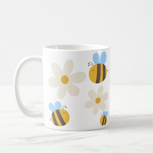 Abeilles mignonnes avec une Mug de Fleurs blanches (Gauche)