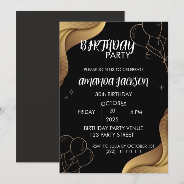 Abstract Black Gold 30th Birthday Invitation (Devant / Derrière)