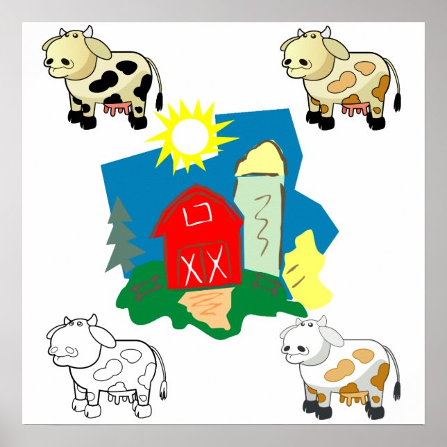 Abstract Farm and Cartoon Cows Poster (Devant)
