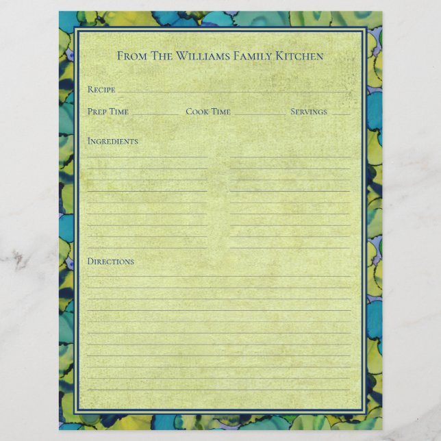 Abstract Watercolor Green Teal Recipe Paper Sheet (Devant)