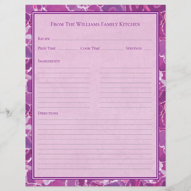 Abstract Watercolor Purple Pink Recipe Paper Sheet (Devant)