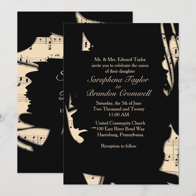 Abstrait Black and Peach Music Faire-part de maria (Devant / Derrière)