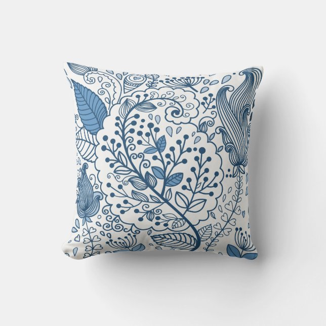 Abstrait Floral bleu et blanc Coussin extérieur (Recto)