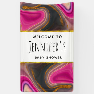 Abstrait rose et noir avec bannière à rouleaux or