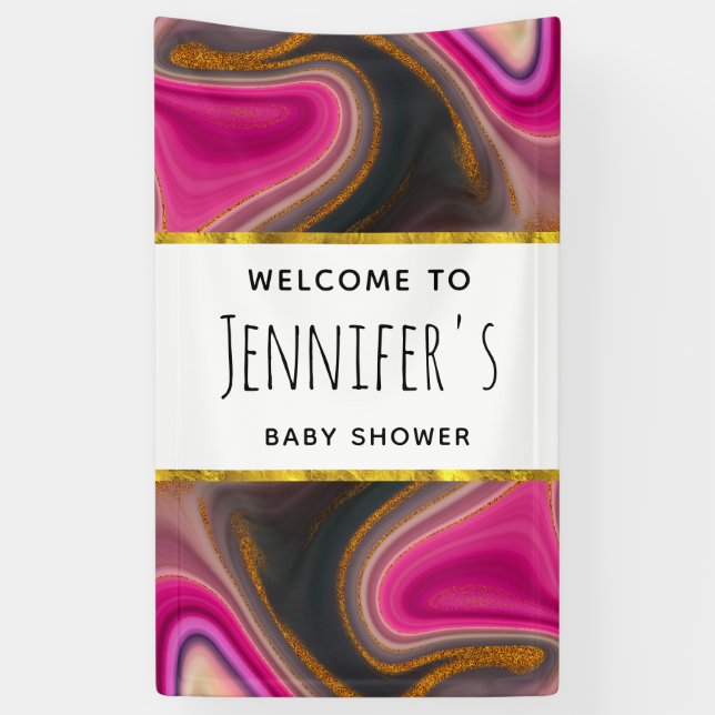 Abstrait rose et noir avec bannière à rouleaux or (Vertical)