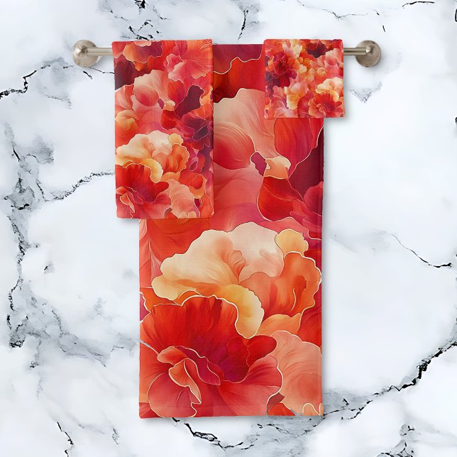 Abstraite inflammation florale (Abstract Floral Ignition towel set.  Orange, coral, red, floral towels.)