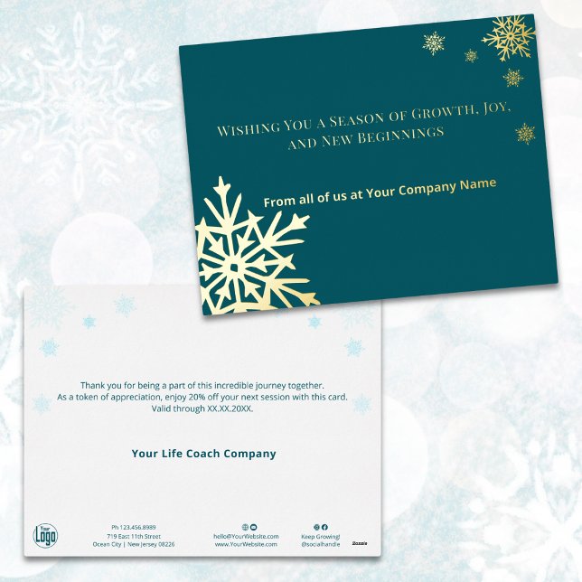 Accents Gold Foil Snowflakes Carte de vacances Tur (Business | Company - Gold Foil Accents Snowflakes Teal Holiday Card)