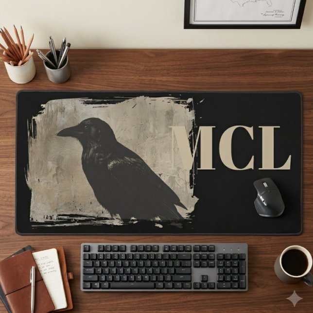 Accessoire de bureau corbeau avec initiale beige (This artistic raven desk mat with initials is perfect for a dark academia office setup.)