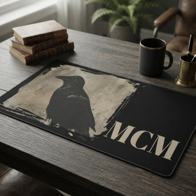 Accessoire de bureau corbeau avec initiale beige (Moody raven silhouette desk mat for dark academia fans celebrating a workspace upgrade.)