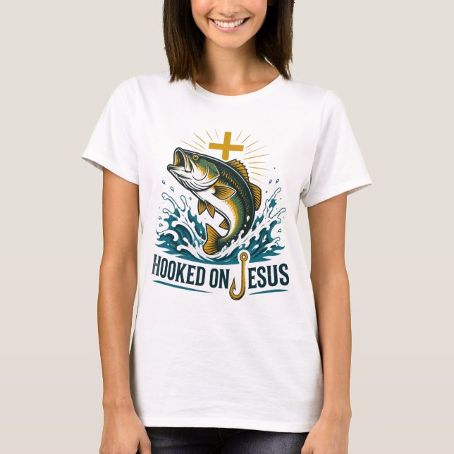 Accro à Jésus : T-shirt pêche au bar (Devant)