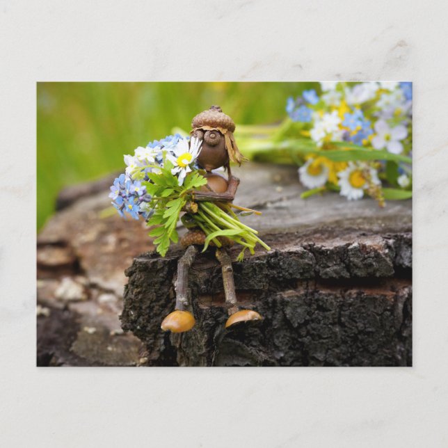 Acorn elf fille avec des fleurs carte postale (Devant)